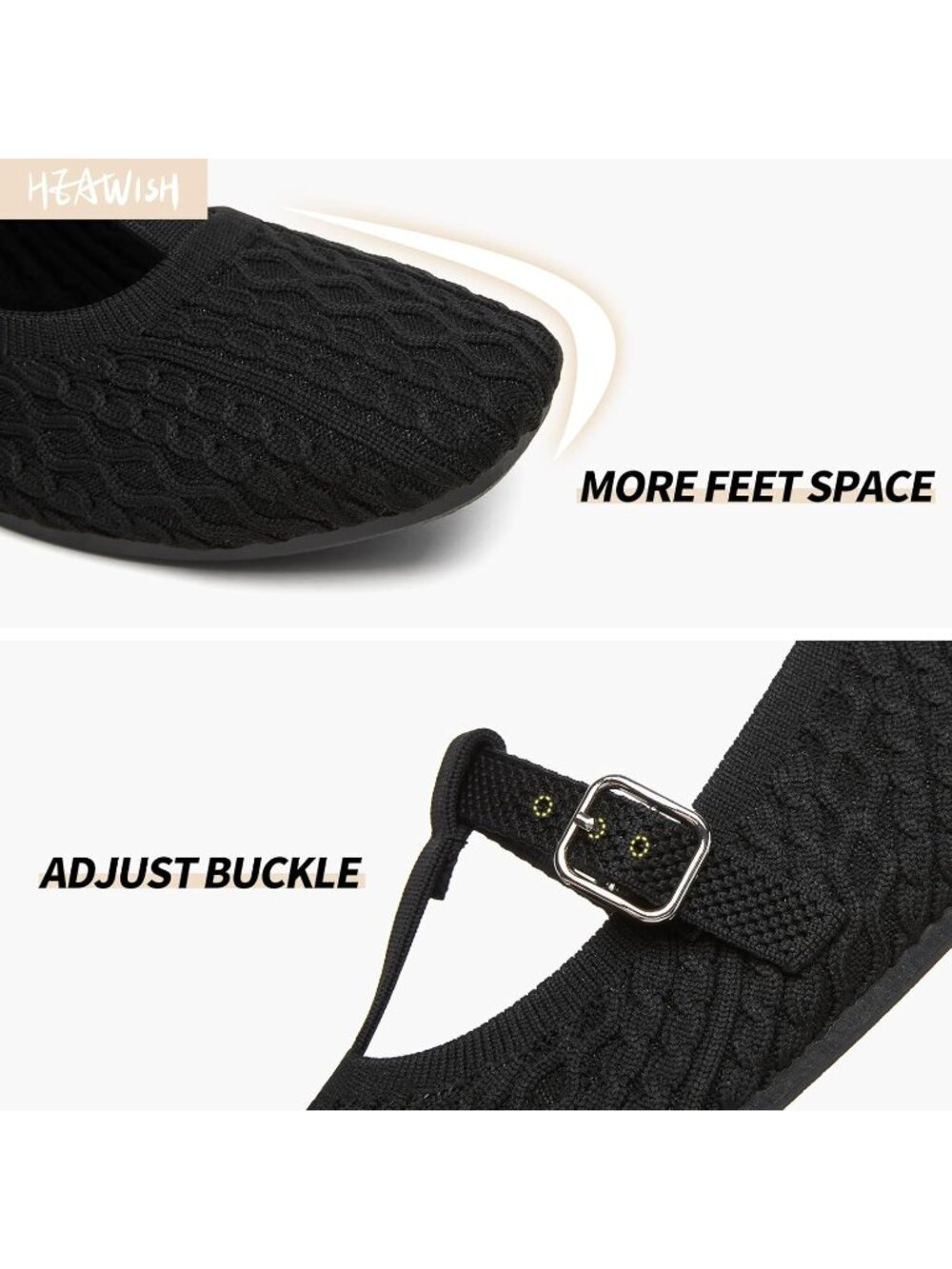 Women's Black Knitted Flats Square Toe Comfortable Slip On Casual Walking Shoes - Picture 6 of 6